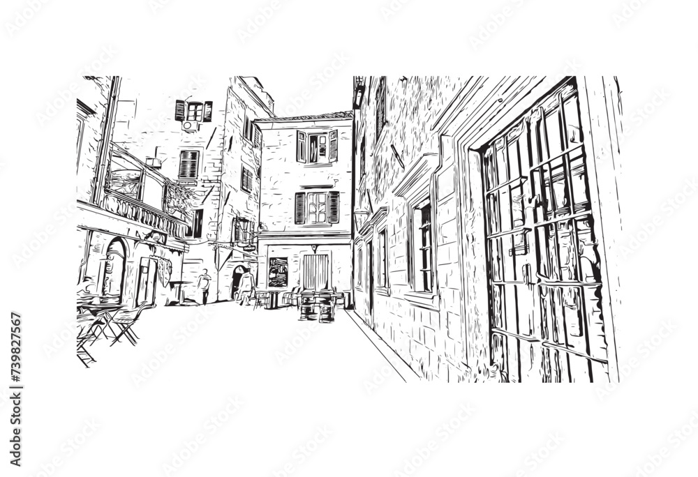 Print Building view with landmark of Kotor city. Hand drawn sketch illustration in vector.