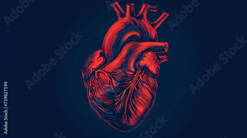 Isolated engraving colorful red human heart illustration.