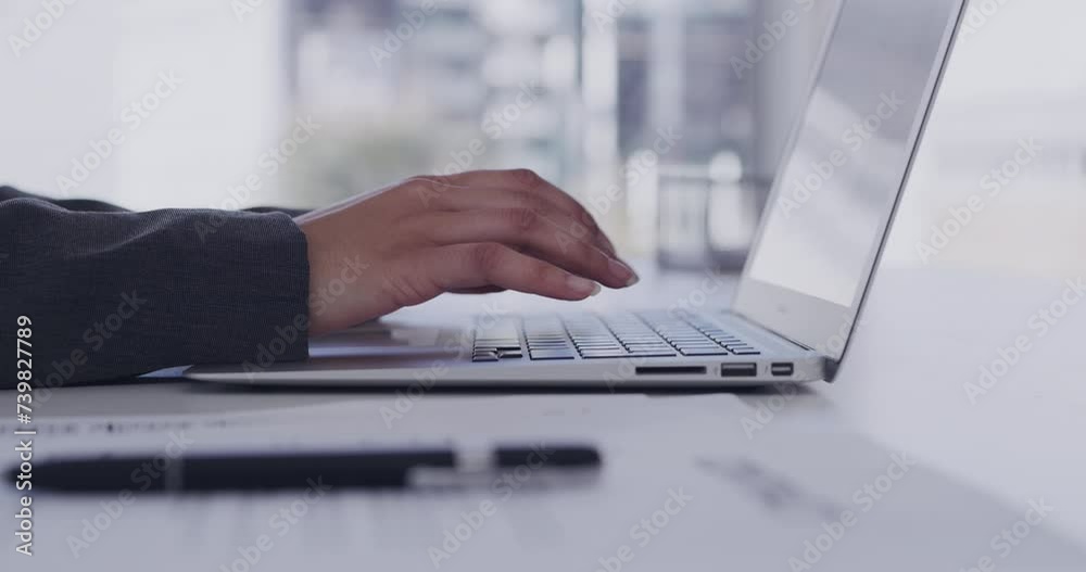 Person, hands and laptop with typing at desk for business email, communication or networking in office. Entrepreneur, woman and technology with internet conversation, writing proposal or texting Person, hands and laptop with typing at desk for business email, communication or networking in office. Entrepreneur, woman and technology with internet conversation, writing proposal or texting