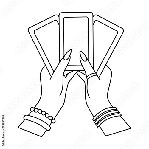 Fortune teller holds three Tarot cards. Divination reading, predicting the future. Abstract line art vector illustration