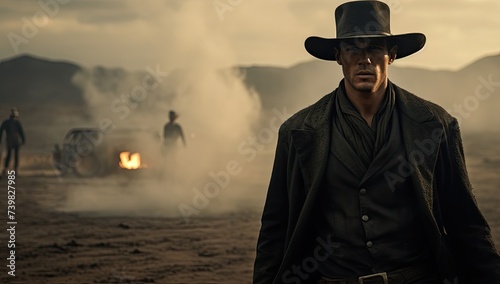 In a classic Western movie scene, a front view captures a cowboy prepared for a dramatic duel