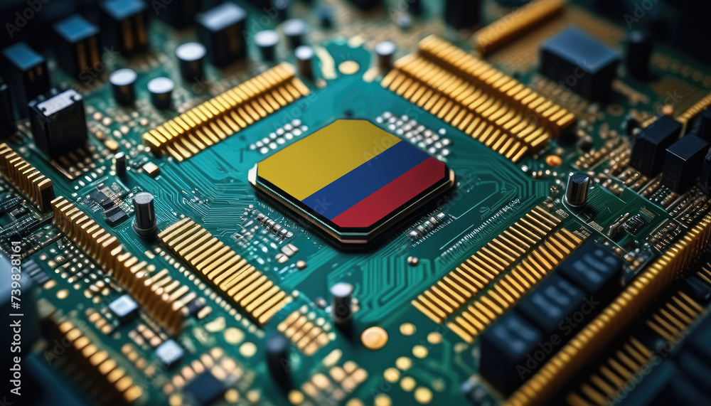 Colombia flag on a processor, CPU or microchip on a motherboard. Concept for the battle of global microchips production. Colombia flag on a processor, CPU or microchip on a motherboard. Concept for the battle of global microchips production.