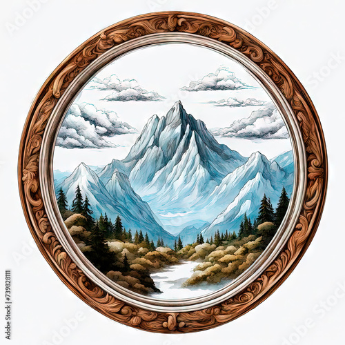 Round tondo emblem on a white background is isolated with a mountain landscape. photo