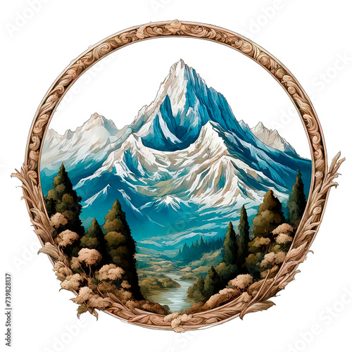 A round tondo emblem on a white background isolated with a mountain landscape. photo