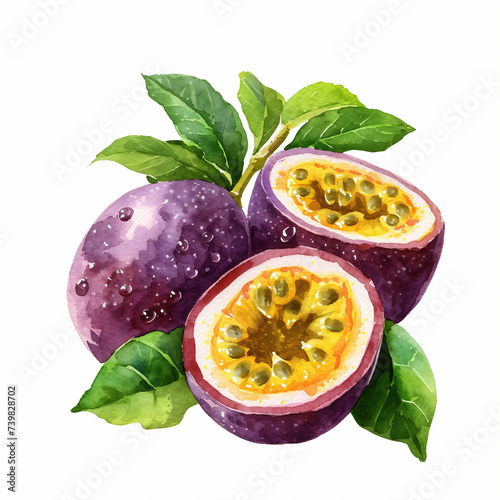 Watercolor exotic passion fruit with leaves botanical clip art. Watercolor illustration isolated on white background for menu design, print, social media