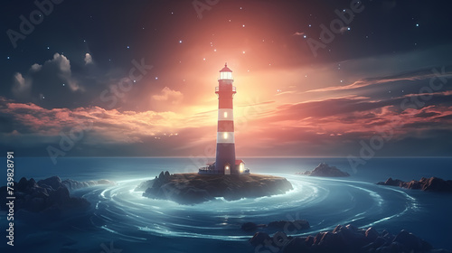 A lighthouse in the middle of a large body of water with waves in front