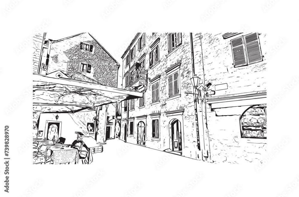 Print Building view with landmark of Kotor city. Hand drawn sketch illustration in vector.