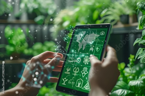 People utilize digital devices to monitor their carbon footprint and make sustainable choices, showcasing tech-savvy environmentalism with close-up shots on hands and screens. photo
