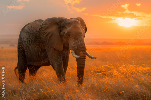 An impressive photograph of a majestic elephant standing in a sunlit savannah, capturing the golden hues of the African sunset.