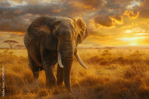 An impressive photograph of a majestic elephant standing in a sunlit savannah, capturing the golden hues of the African sunset. © pirun