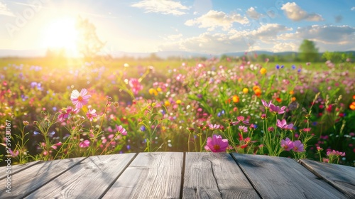 banner Empty wooden table platform with wildflowers blossom background. For product display