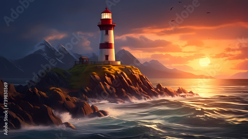 A lighthouse in the middle of a large body of water with waves in front