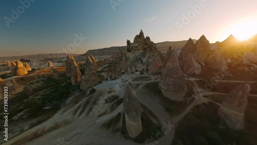 Cappadocia fpv drone shot, air balloon, goreme, Turkey. Travel concept, adventure