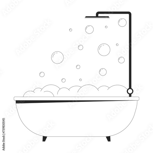 Bathtub bubble bath shower black and white 2D line cartoon object. Washing showering equipment isolated vector outline item. Bathroom hygiene. Foam bathtime monochromatic flat spot illustration