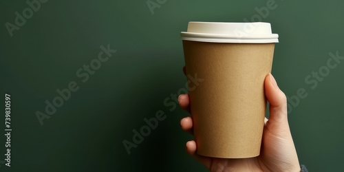 Cardboard cup of coffee without label for design, woman holding in hands, blank template, green background photo