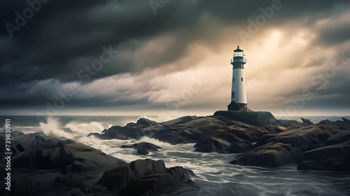 A lighthouse in the middle of a large body of water with waves in front