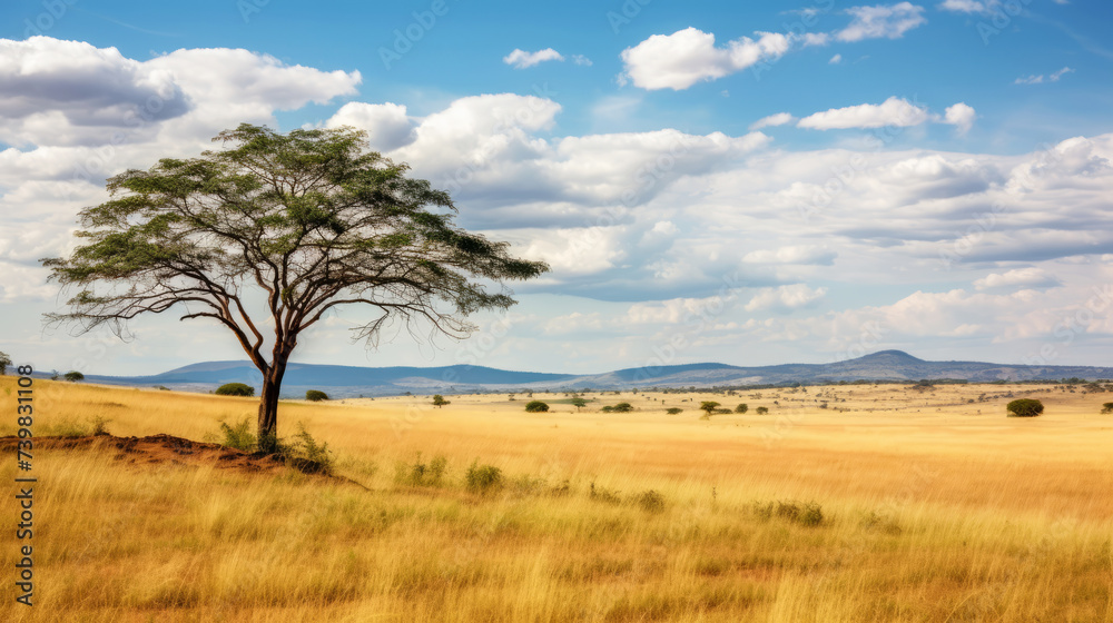 Lone tree standing tall in vast African savannah under a cloudy sky
