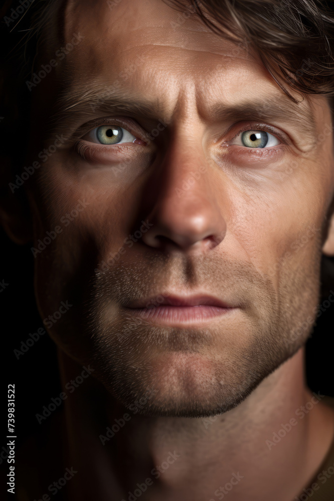 Close-up portrait of a man with intense gaze and subtle smile in low-key lighting Close-up portrait of a man with intense gaze and subtle smile in low-key lighting