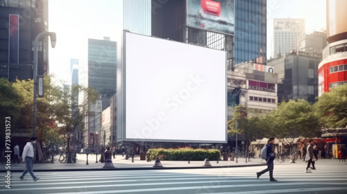 Urban cityscape with large blank billboard and bustling street life photo