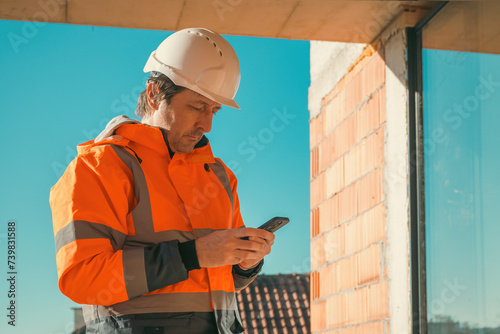 Construction engineer using mobile smart phone on site during inspection