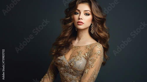 woman with brown hair in a luxurious gold dress dress with expensive jewelry, rich style, empty gray background, with empty copy space