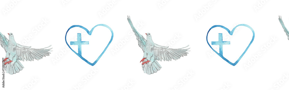 Obraz premium Watercolor birds flying pigeon chross border. Birds seamless border. Hand painted illustration in natural colors on white backround.