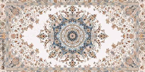 Top view old white Persian Asian carpet texture. abstract ornament classic Arabic pattern rug