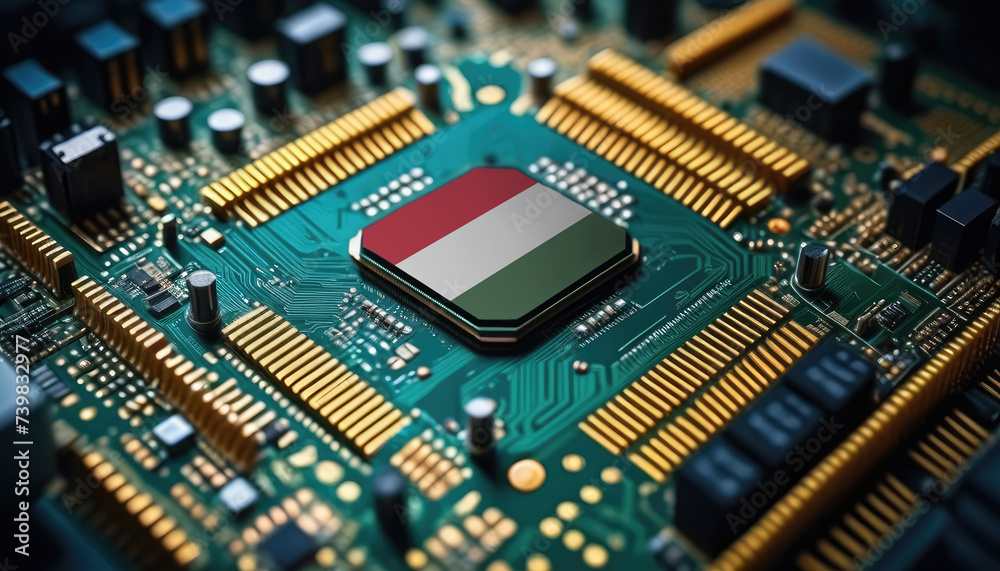 Hungary flag on a processor, CPU or microchip on a motherboard. Concept for the battle of global microchips production. Hungary flag on a processor, CPU or microchip on a motherboard. Concept for the battle of global microchips production.