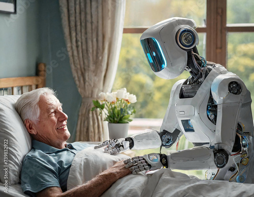 Pflegeroboter hält die Hand eines alten im Bett liegenden Mannes, Symbolfoto Pflege der Zukunft photo