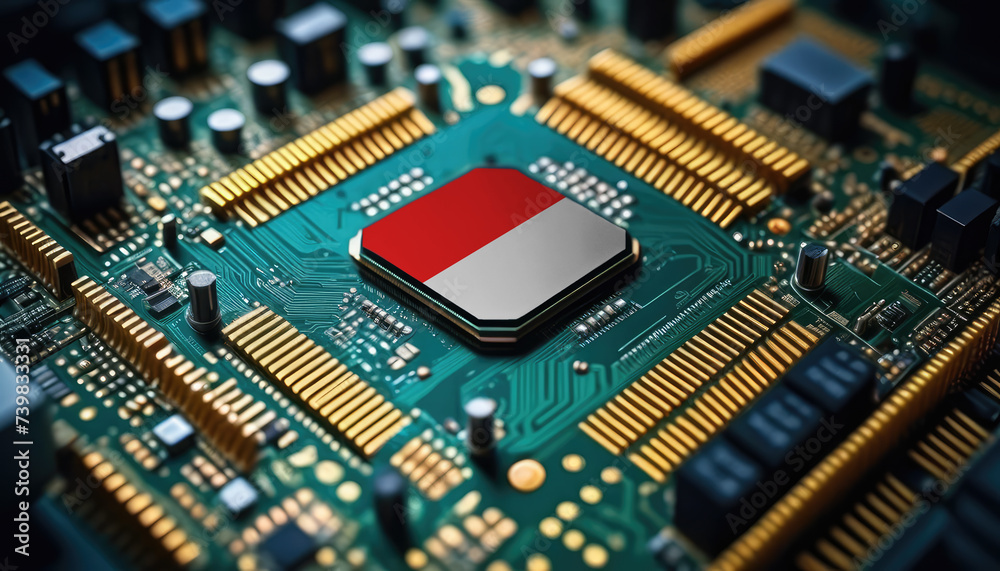 Indonesia flag on a processor, CPU or microchip on a motherboard. Concept for the battle of global microchips production. Indonesia flag on a processor, CPU or microchip on a motherboard. Concept for the battle of global microchips production.