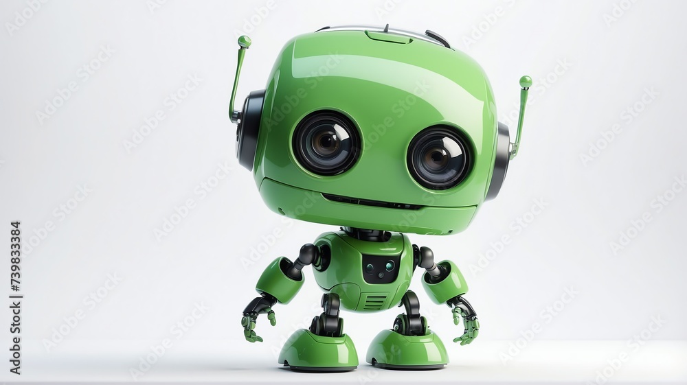 Cute green small smiling robot in plain white background from Generative AI Cute green small smiling robot in plain white background from Generative AI