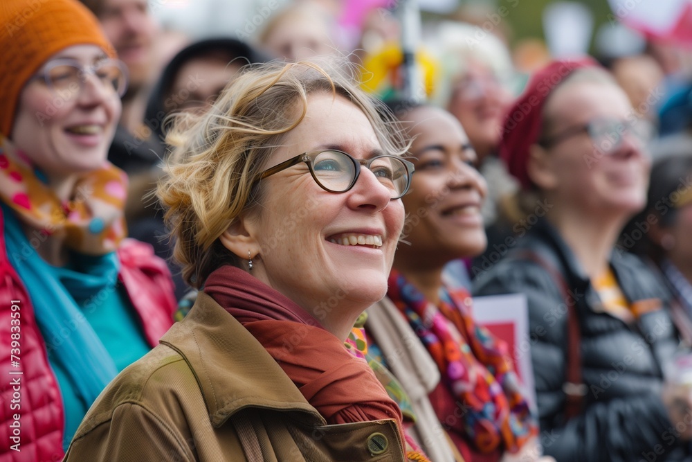 A jubilant group of individuals from diverse ethnic backgrounds participates in an outdoor rally. In focus is a cheerful caucasian woman , wearing glasses , with a bright smile