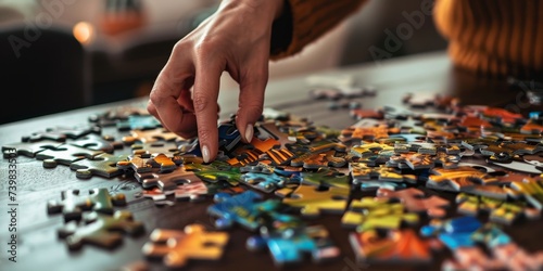 Assembling a Puzzle - Concentrating on assembling a complex jigsaw puzzle spread out on a dining table  with pieces organized by color and shape. 