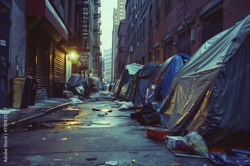 Fototapeta premium Street-level view of makeshift shelters lining an urban alley, highlighting the contrast between the city's prosperity and the harsh reality of its homeless residents