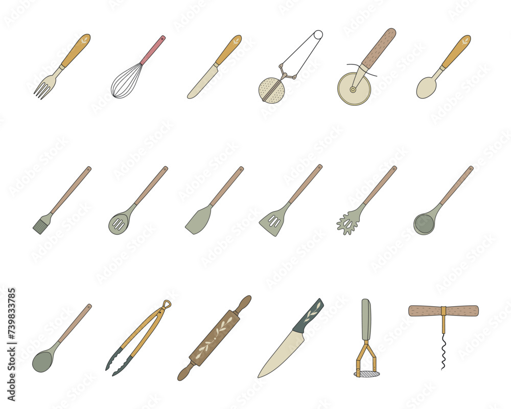 Kitchenware vector icon set, Cooking tools illustration, Kitchen utensils, accessories and equipment, Web icon pack, Planner icons, Recipe book clip art, Isolated 