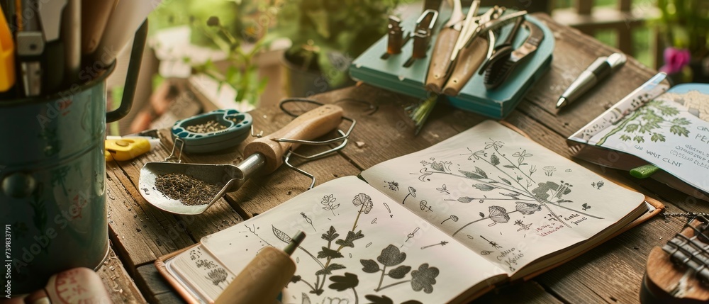 Planning a Garden - Laying out seed packets and gardening tools on a table, with a notebook full of garden plans and sketches beside.  - obrazy, fototapety, plakaty 