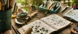 Planning a Garden - Laying out seed packets and gardening tools on a table, with a notebook full of garden plans and sketches beside. 