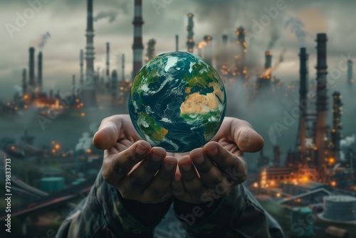Conceptual image of the Earth in human hands, depicting the fragility of our planet, with a backdrop of industrial versus green landscapes, symbolizing the fight for climate justice