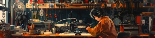 Tinkering with Gadgets - An individual at a workbench, engrossed in repairing or assembling electronic gadgets, surrounded by tools. photo