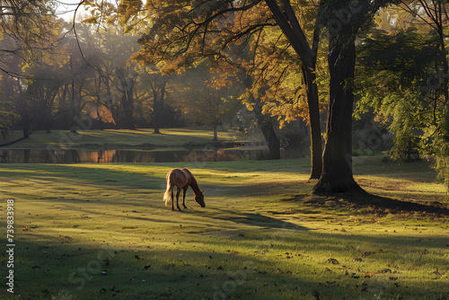 A majestic horse grazes peacefully in a lush green meadow, captured in perfect golden hour light with warm, vibrant colors.