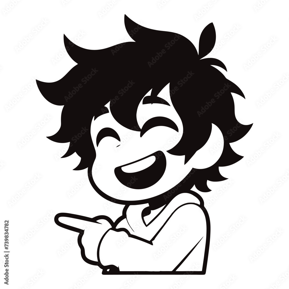 A cartoon illustration of a boy showing an expression of joy and fun on white background.	