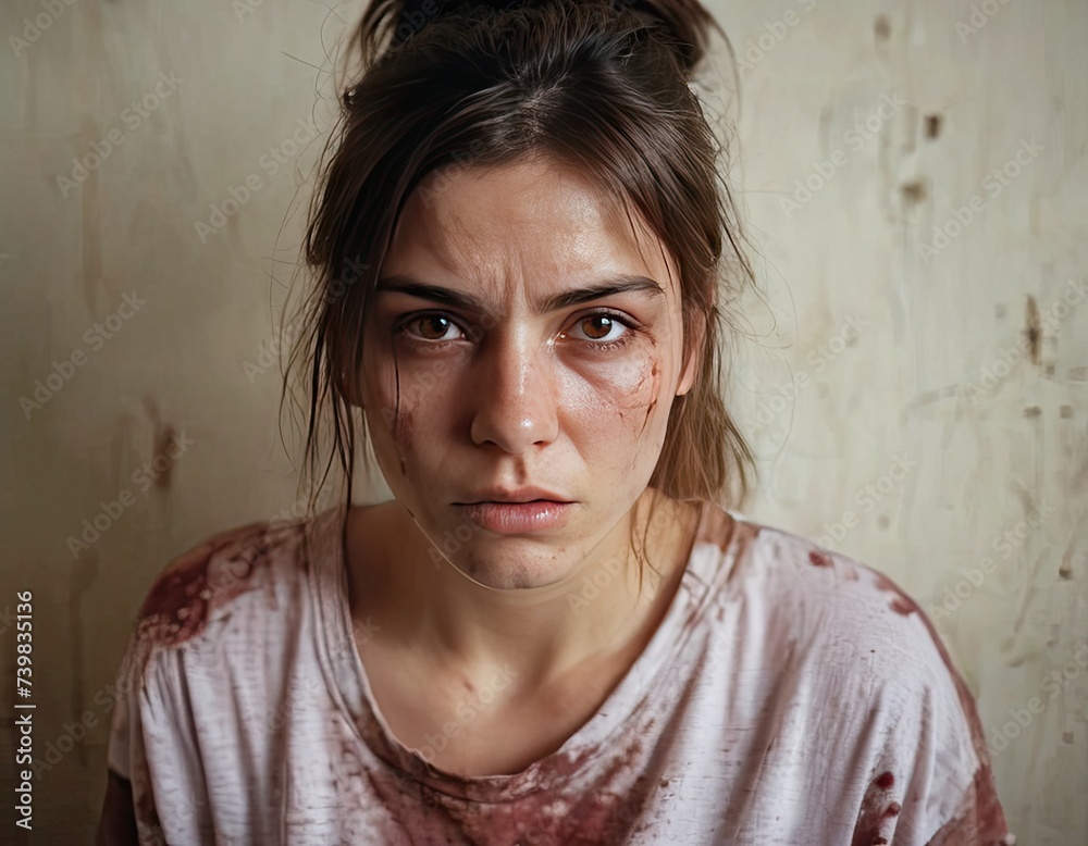 Beaten woman with wounds on face. Victim of domestic violence