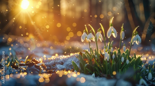 banner blossom snowdrops on a clearing in the snow in spring, spring concept, nature awakening #739835548