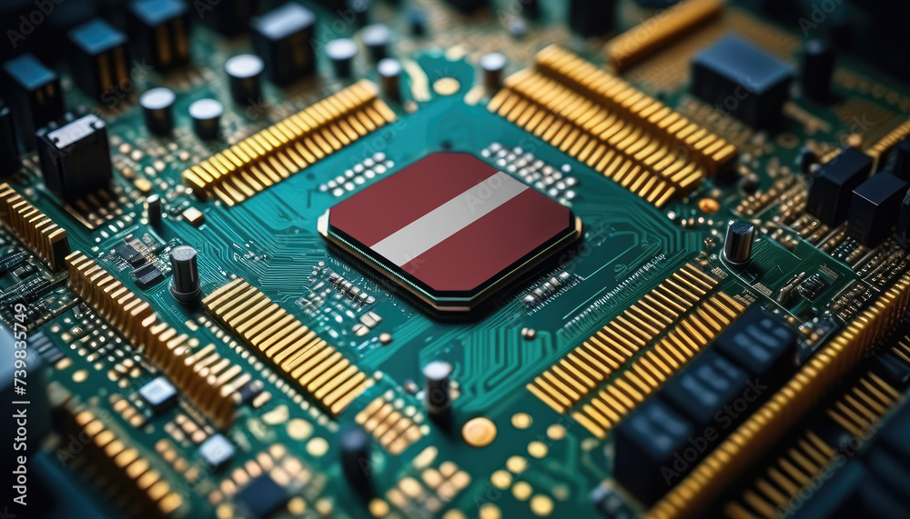 Latvia flag on a processor, CPU or microchip on a motherboard. Concept for the battle of global microchips production. Latvia flag on a processor, CPU or microchip on a motherboard. Concept for the battle of global microchips production.