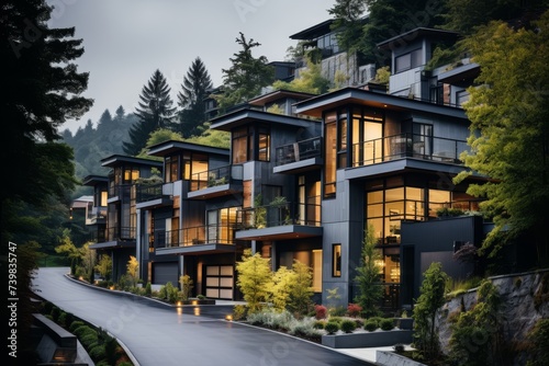 Eco-friendly residential area or eco-village that focuses on community-oriented, sustainable living, with shared green spaces and renewable energy sources