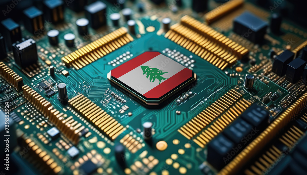 Lebanon flag on a processor, CPU or microchip on a motherboard. Concept for the battle of global microchips production. Lebanon flag on a processor, CPU or microchip on a motherboard. Concept for the battle of global microchips production.