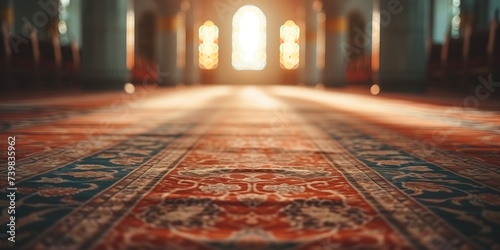 mosque interior illuminating by warm sunlight filtering through ornate windows on rug floor. Decorated carpet of a mosque with sunset light photo