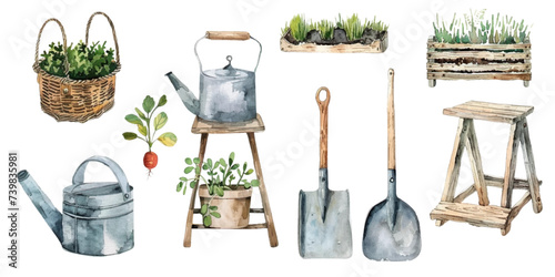 Watercolor of flower plant elements and equipment on white background.