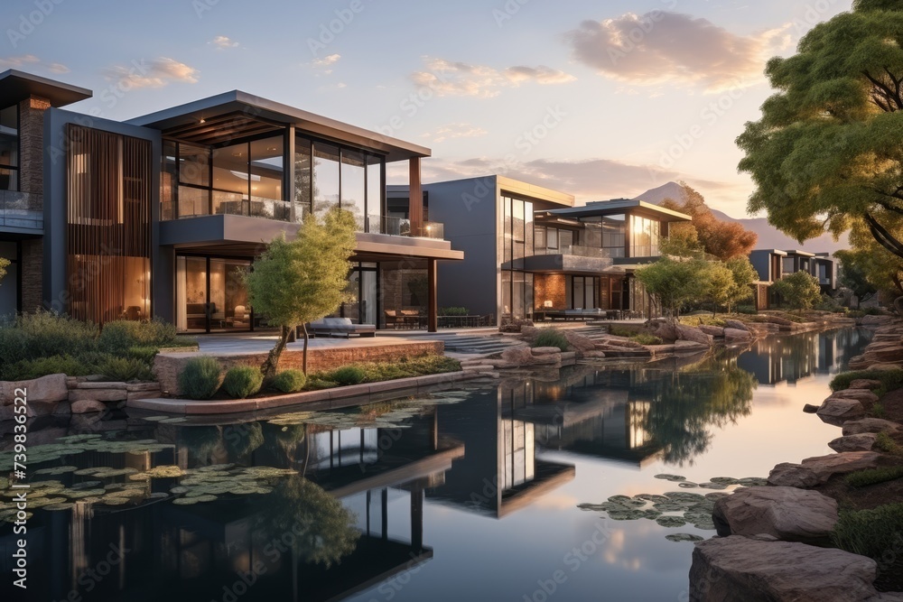 Eco-friendly residential area or eco-village that focuses on community-oriented, sustainable living, with shared green spaces and renewable energy sources Eco-friendly residential area or eco-village that focuses on community-oriented, sustainable living, with shared green spaces and renewable energy sources