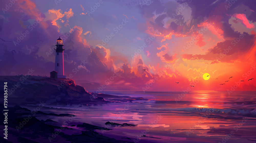 Lighthouse at sunset on the coast.